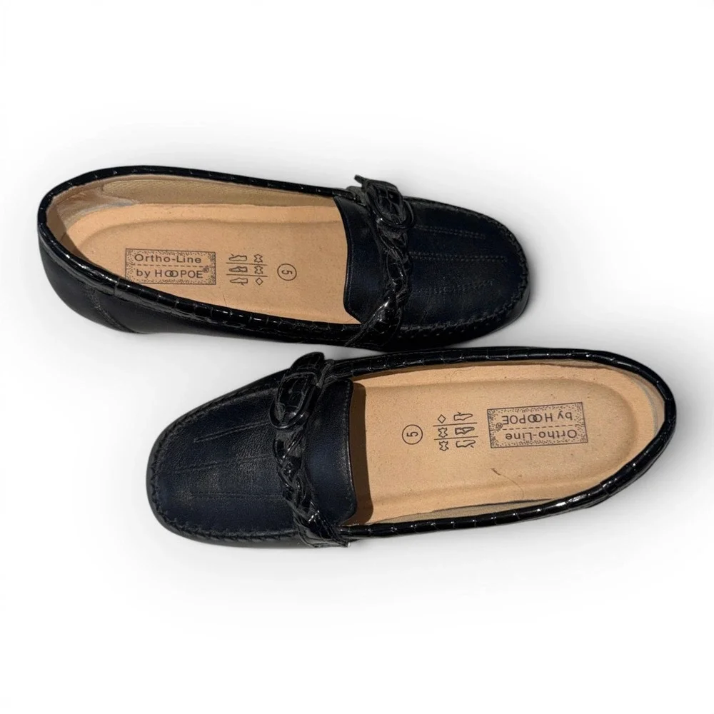 Ortho-Line by Hoopoe‎ Womens Black Leather Croc Trim Buckle Loafers Size 5